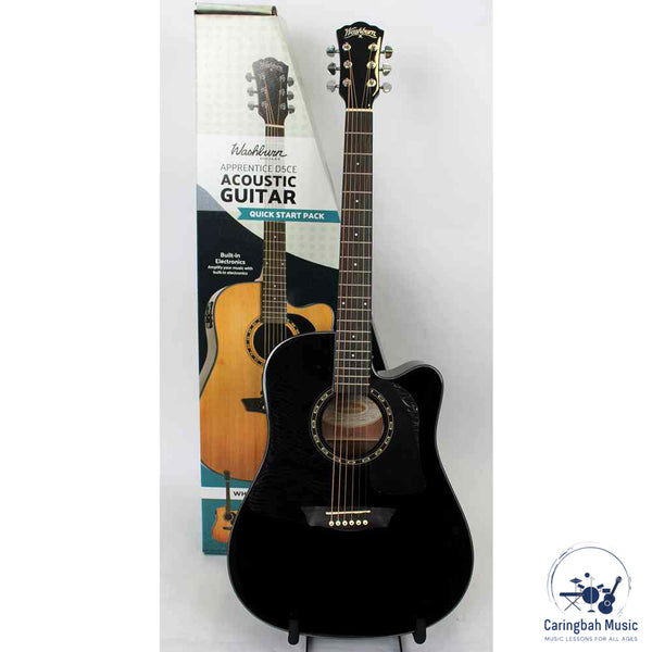 Washburn AD5CEBPACK Acoustic Guitar Pack Apprentice, Black Dreadnought w/ Cutaway &amp; EQ