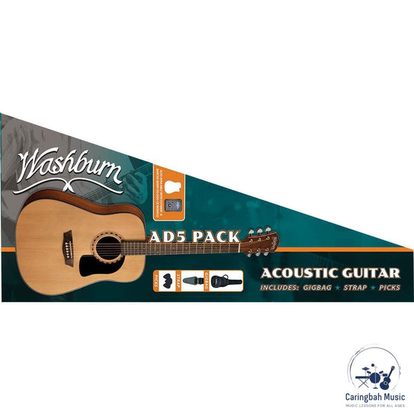 Washburn AD5CEPACK Acoustic Guitar Pack Apprentice, Natural Dreadnought w/ Cutaway &amp; EQ