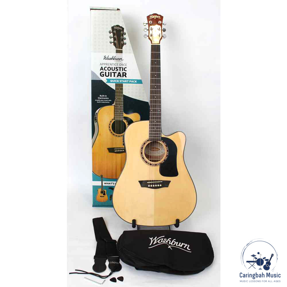 Washburn AD5CEPACK Acoustic Guitar Pack Apprentice, Natural Dreadnought w/ Cutaway & EQ